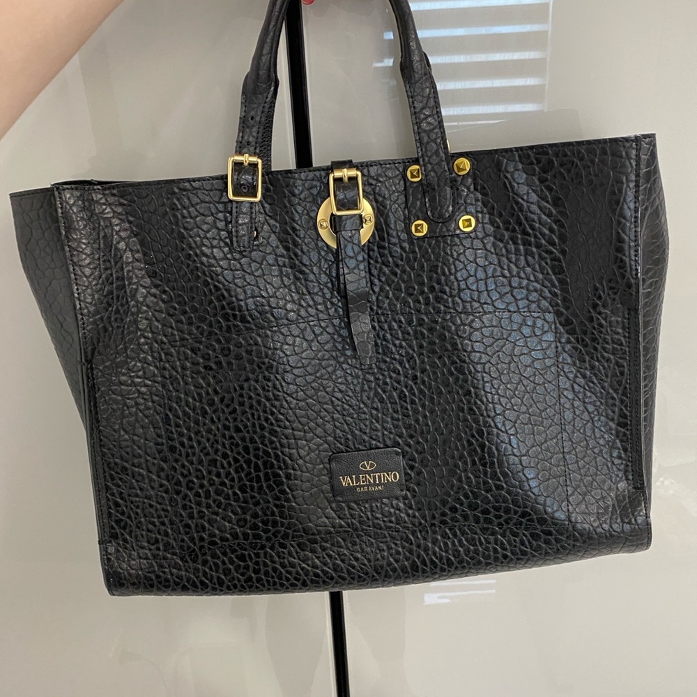Valentino Black and Gold Textured Leather Tote